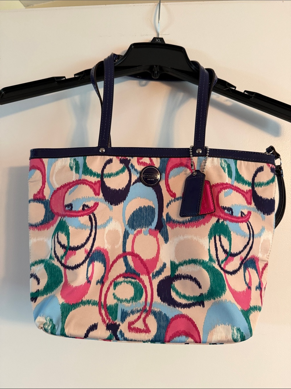 Coach Multicolor Circle Print Tote - Navy Trim with Pink & Teal
